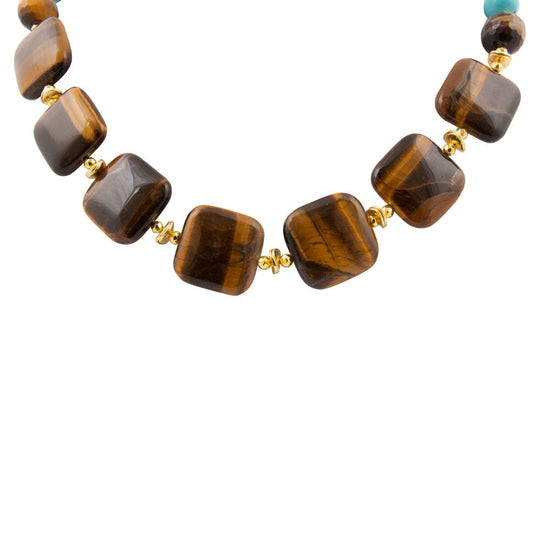 Blue Magnesite and Tiger's Eye Chunky Golden Necklace