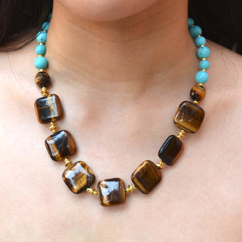 Blue Magnesite and Tiger's Eye Chunky Golden Necklace - Barse Jewelry
