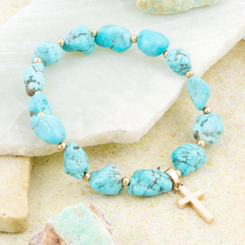 Blue Magnesite on the Cross Golden Charm Bracelet - Barse Jewelry