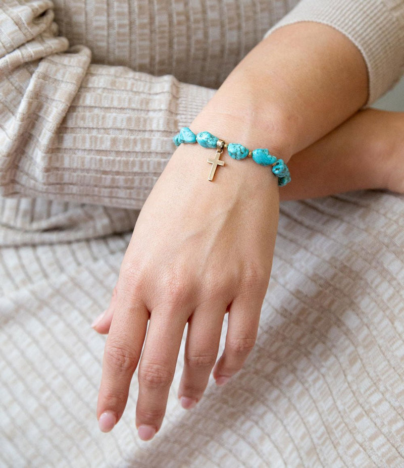Blue Magnesite on the Cross Golden Charm Bracelet - Barse Jewelry