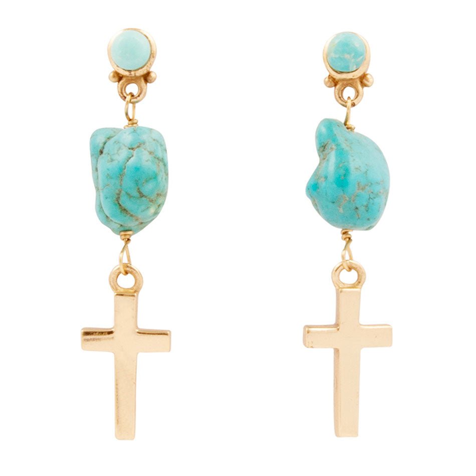 Blue Magnesite On The Cross Golden Post Earrings - Barse Jewelry