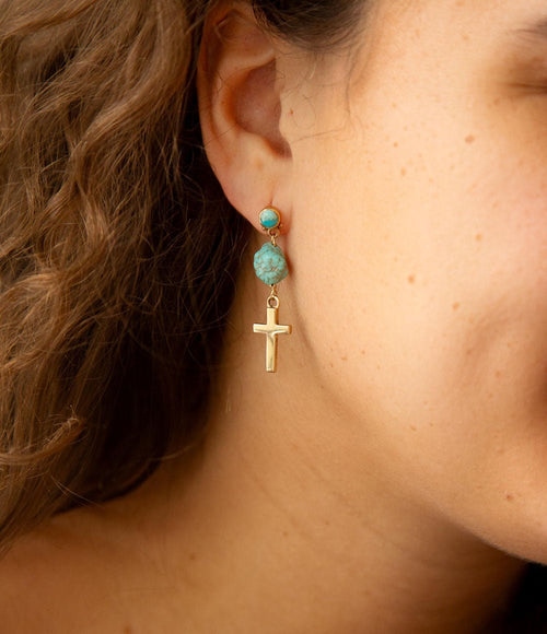 Blue Magnesite On The Cross Golden Post Earrings - Barse Jewelry