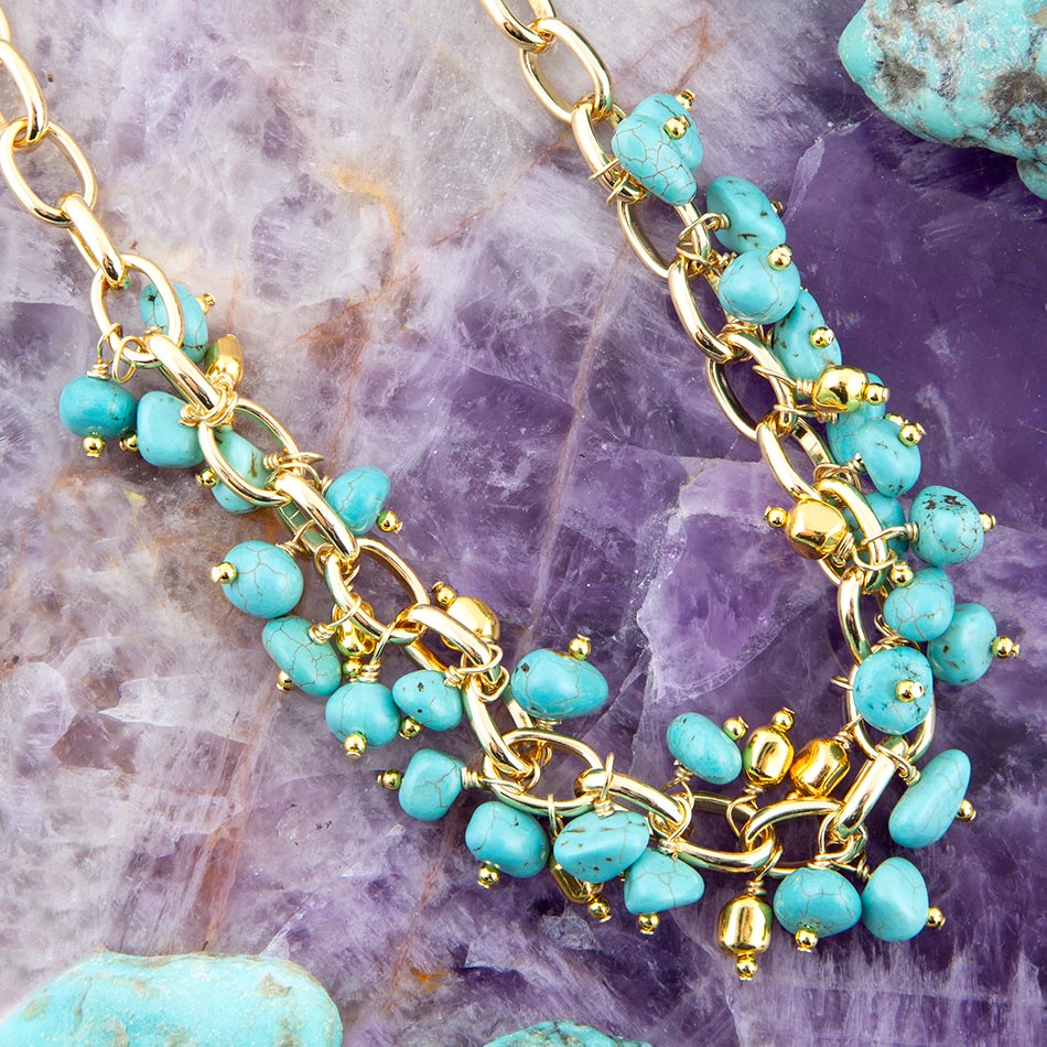 Blue Magnesite Stones Golden Chain Necklace - Barse Jewelry