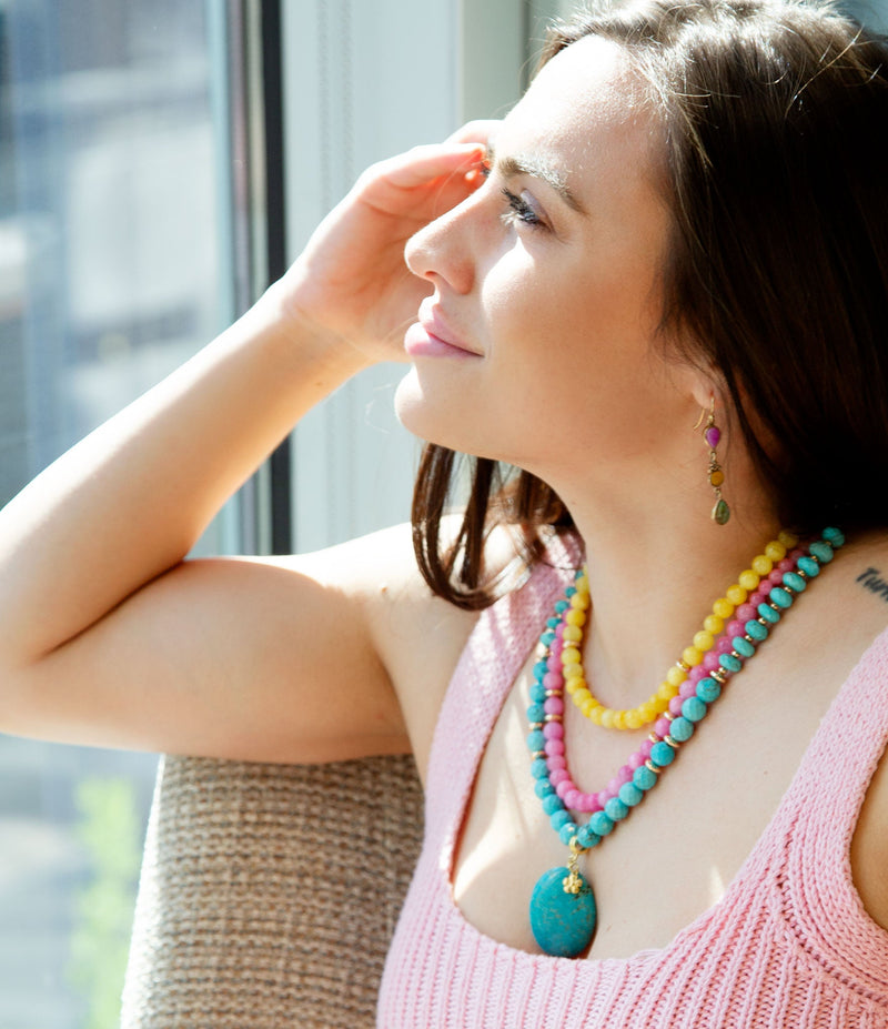 Blue Magnesite Strand Pendant Golden Necklace - Barse Jewelry