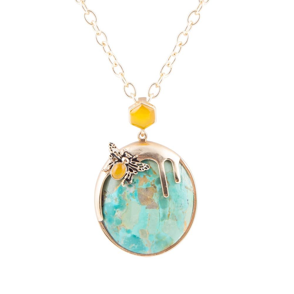 Blue Turquoise and Agate Honey Drip Golden Necklace - Barse Jewelry