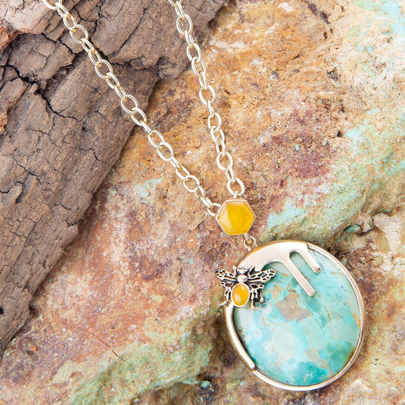 Blue Turquoise and Agate Honey Drip Golden Necklace - Barse Jewelry