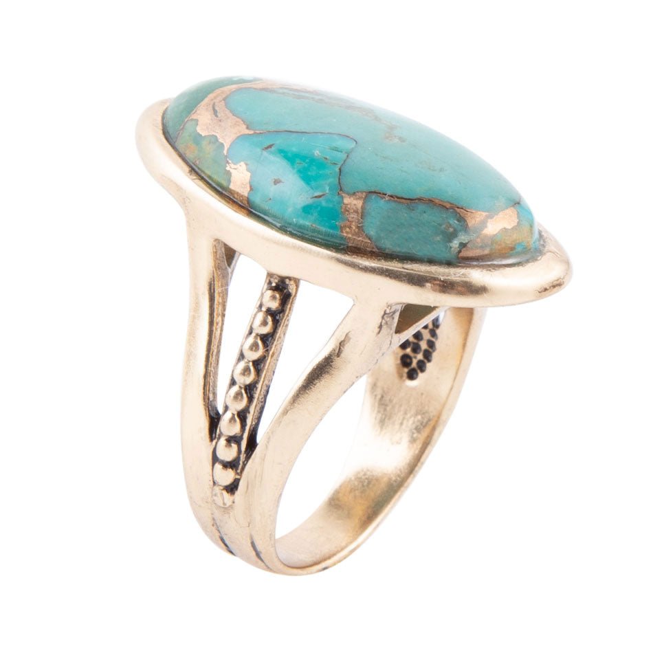 Blue Turquoise and Bronze Matrix Golden Oval Ring - Barse Jewelry
