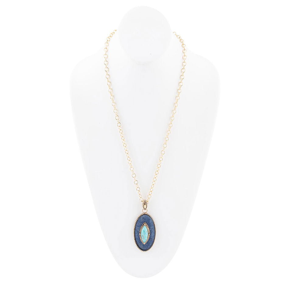 Blue Turquoise and Fabric Golden Pendant Necklace - Barse Jewelry