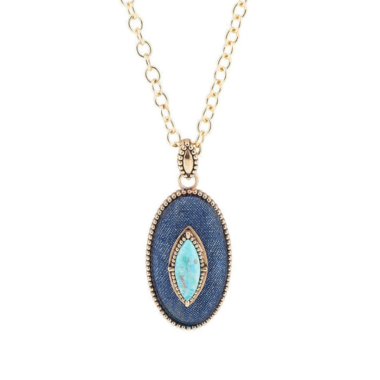 Stacked Blue Turquoise and Denim Golden Pendant Necklace