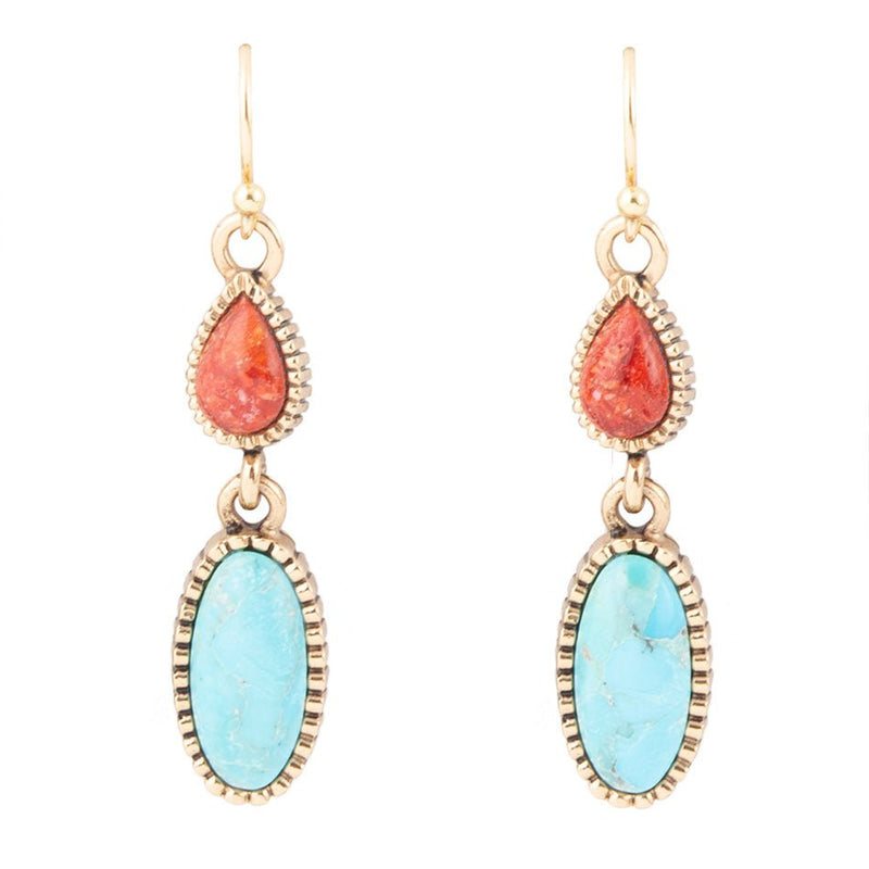 Blue Turquoise and Red Coral Golden Drop Earrings - Barse Jewelry