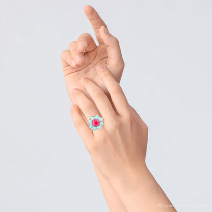 Blue Turquoise and Red Quartz Flower Golden Ring - Barse Jewelry