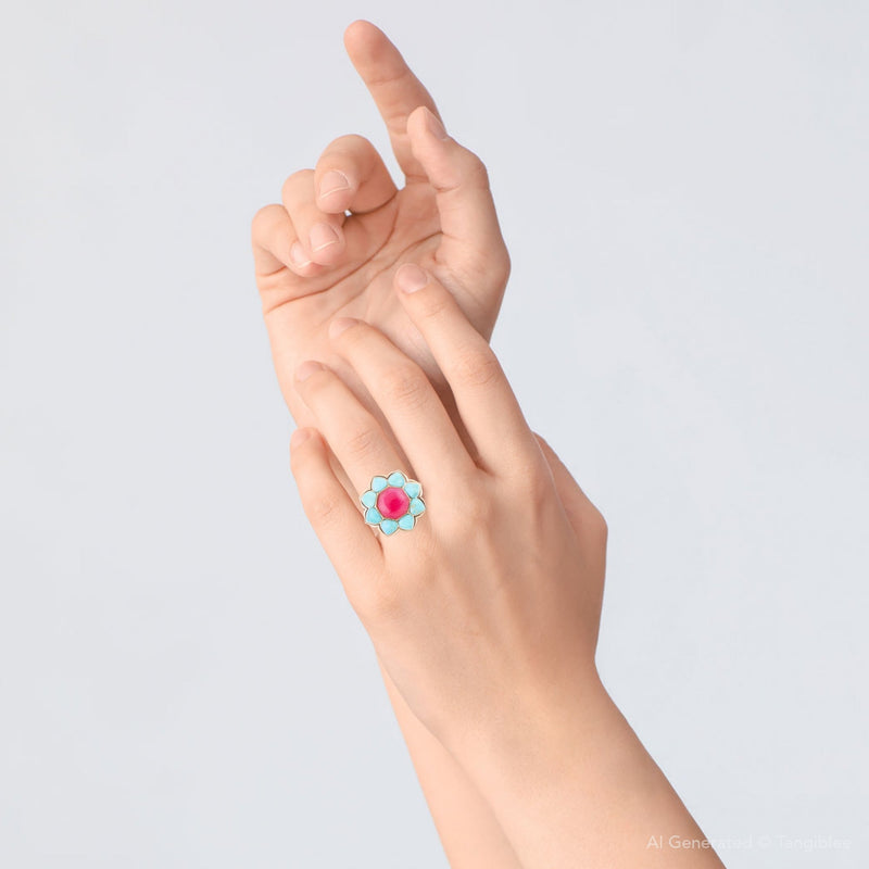 Blue Turquoise and Red Quartz Flower Golden Ring - Barse Jewelry