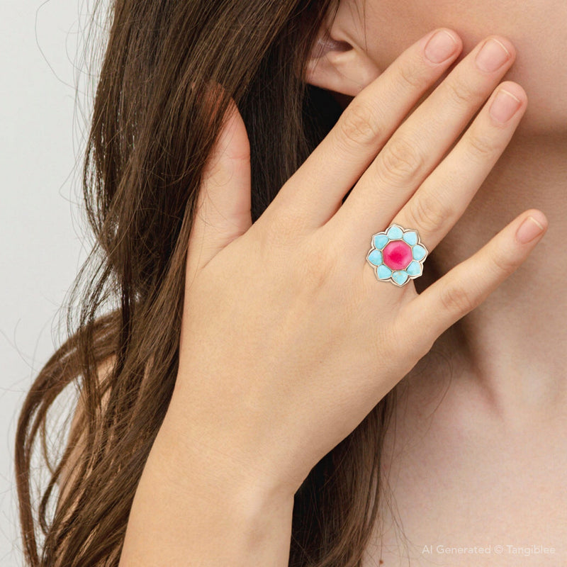 Blue Turquoise and Red Quartz Flower Golden Ring - Barse Jewelry