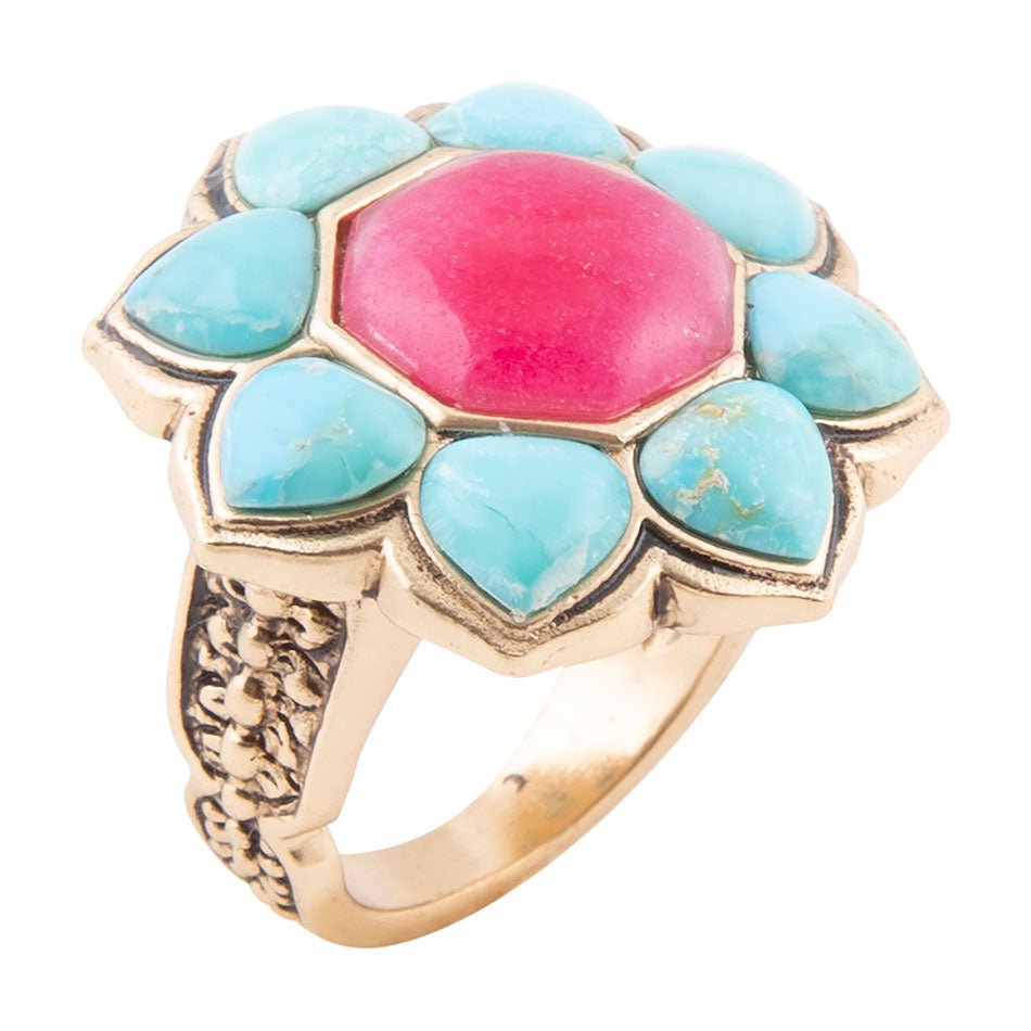 Blue Turquoise and Red Quartz Flower Golden Ring - Barse Jewelry