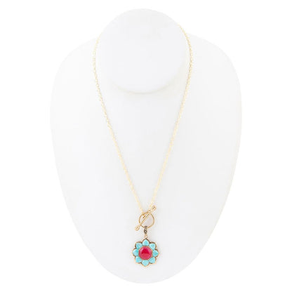 Blue Turquoise and Red Quartz Golden Chain Necklace - Barse Jewelry