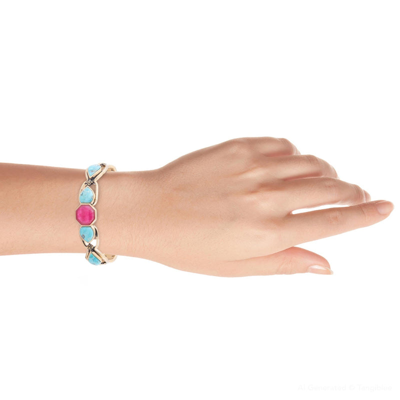 Blue Turquoise and Red Quartz Golden Cuff Bracelet - Barse Jewelry