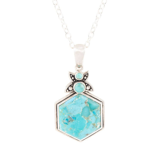 Blue Turquoise and Sterling Silver Hexagon Pendant Necklace