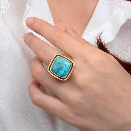 Blue Turquoise and White Mother of Pearl Flip Reversible Golden Ring - Barse Jewelry