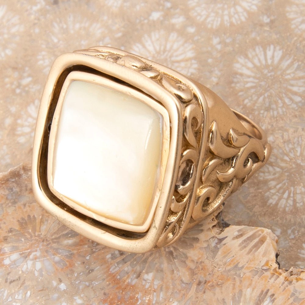 Blue Turquoise and White Mother of Pearl Flip Reversible Golden Ring - Barse Jewelry