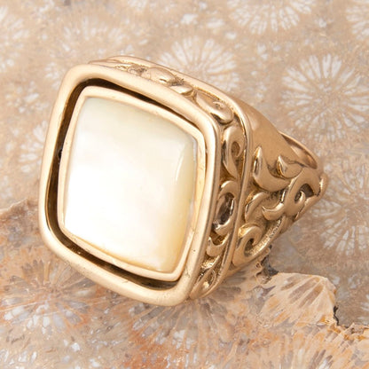 Blue Turquoise and White Mother of Pearl Flip Reversible Golden Ring - Barse Jewelry