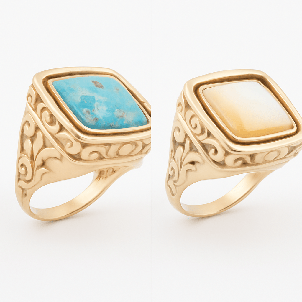 Blue Turquoise and White Mother of Pearl Flip Reversible Golden Ring - Barse Jewelry