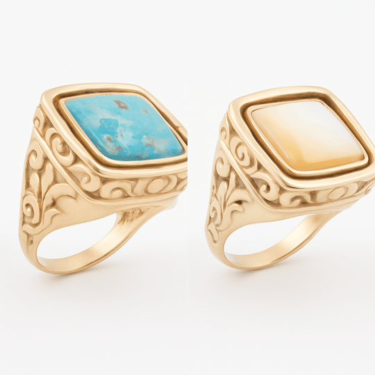 Blue Turquoise and White Mother of Pearl Flip Reversible Golden Ring