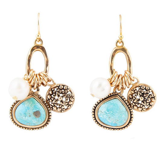 Blue Turquoise and White Pearl Multi Charm Golden Charm Earrings