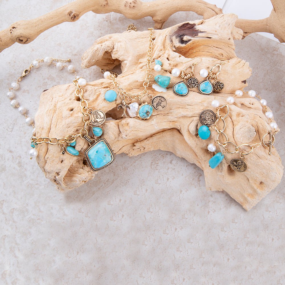 Blue Turquoise and White Pearl Multi Charm Golden Necklace - Barse Jewelry