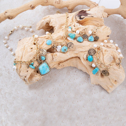 Blue Turquoise and White Pearl Multi Charm Golden Necklace - Barse Jewelry