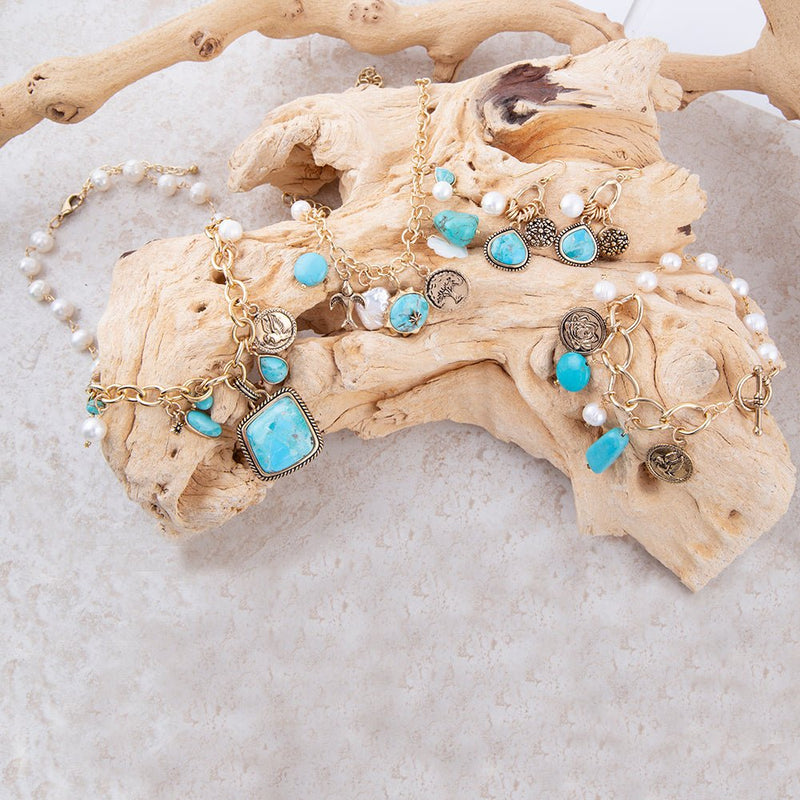 Blue Turquoise and White Pearl Multi Pendant Golden Necklace - Barse Jewelry
