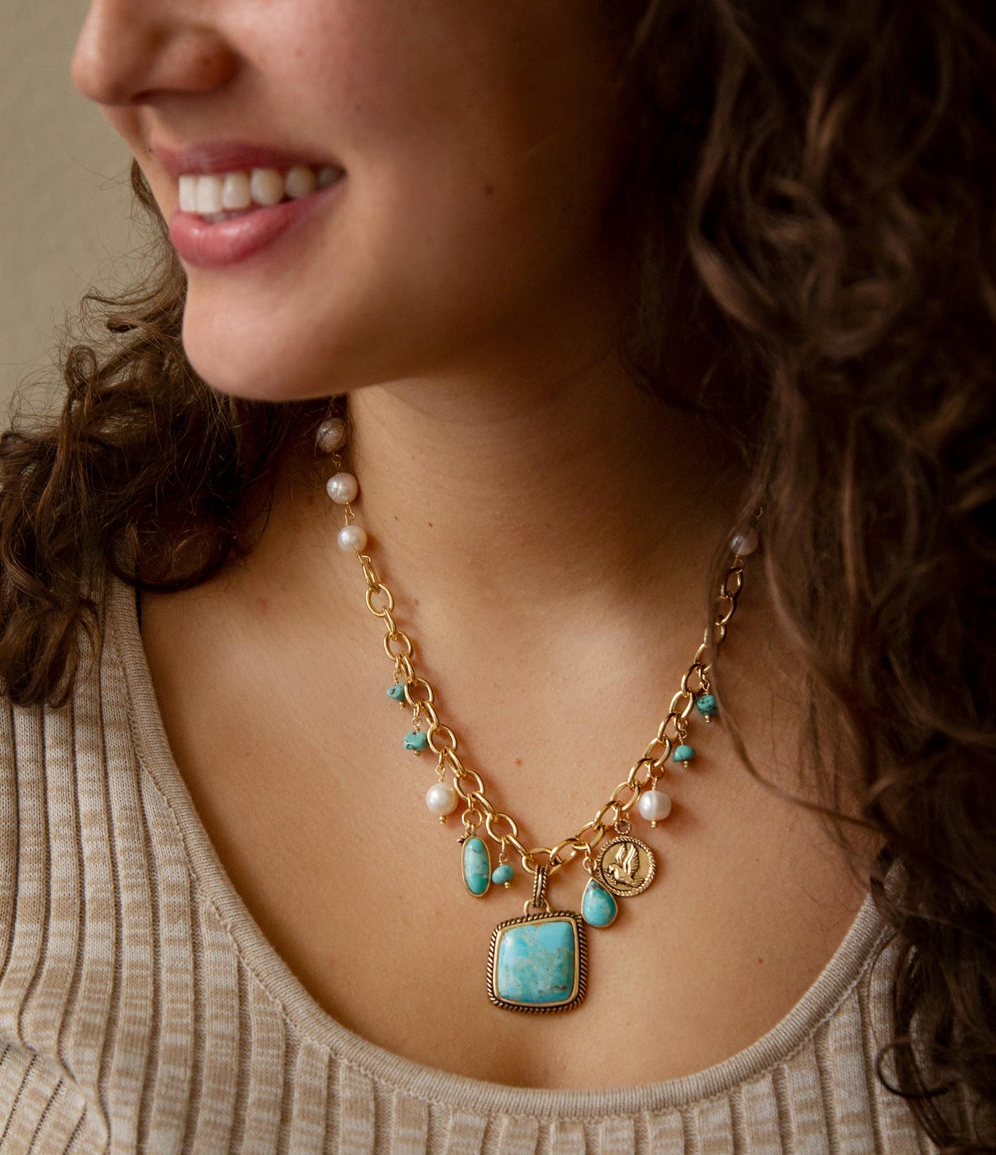 Blue Turquoise and White Pearl Multi Pendant Golden Necklace - Barse Jewelry