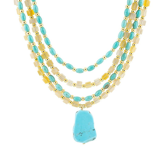 Blue Turquoise and Yellow Citrine Multi-Layer Golden Necklace