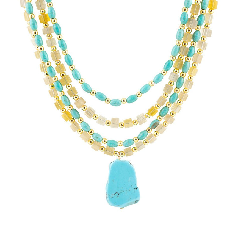 Blue Turquoise and Yellow Citrine Multi - Layer Golden Necklace - Barse Jewelry