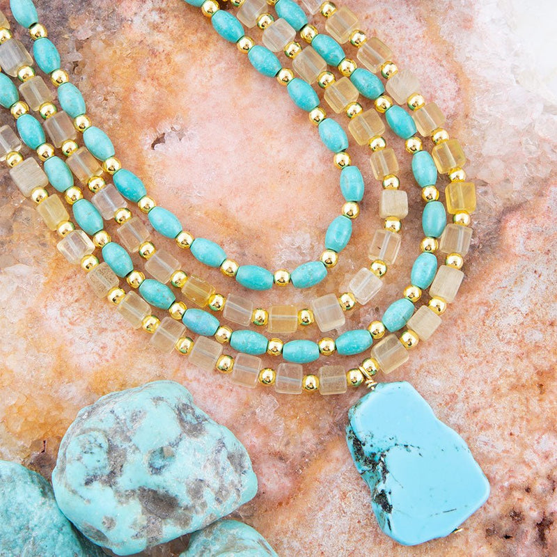 Blue Turquoise and Yellow Citrine Multi - Layer Golden Necklace - Barse Jewelry