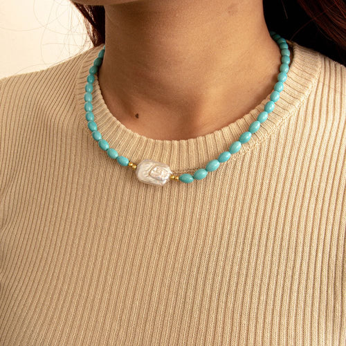 Blue Turquoise Cirrus Golden Necklace - Barse Jewelry