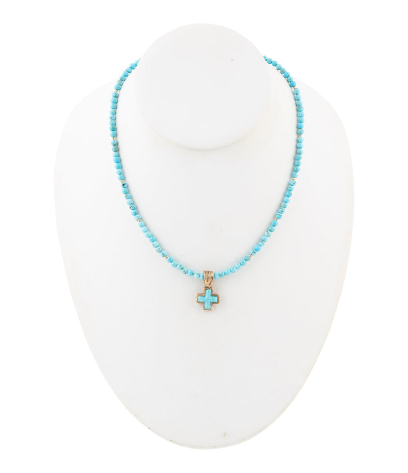 Blue Turquoise Cros Golden Pendant Necklace - Barse Jewelry