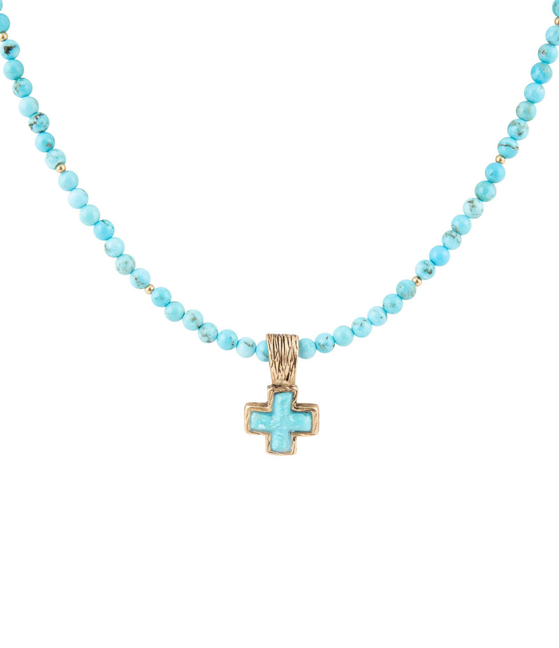 Blue Turquoise Cros Golden Pendant Necklace - Barse Jewelry