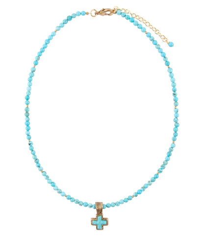 Blue Turquoise Cros Golden Pendant Necklace - Barse Jewelry