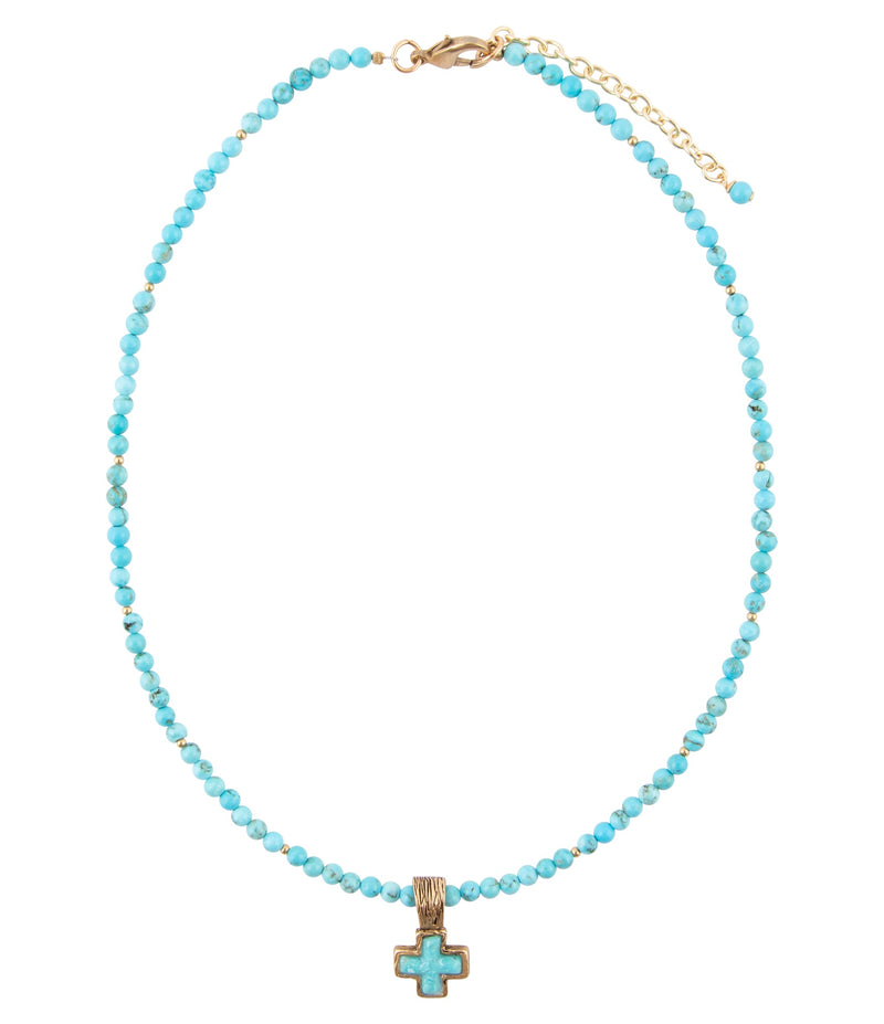 Blue Turquoise Cros Golden Pendant Necklace - Barse Jewelry