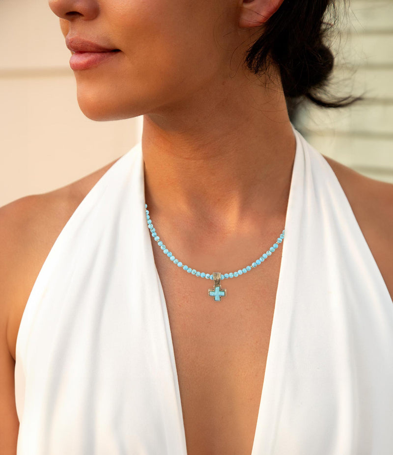 Blue Turquoise Cros Golden Pendant Necklace - Barse Jewelry