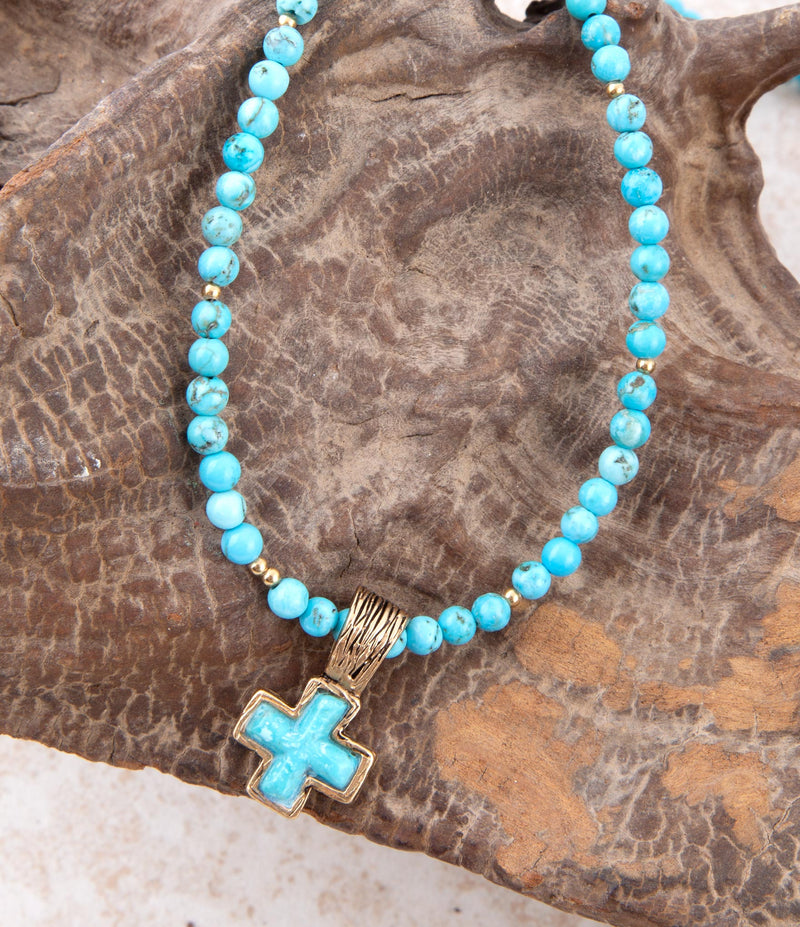 Blue Turquoise Cros Golden Pendant Necklace - Barse Jewelry