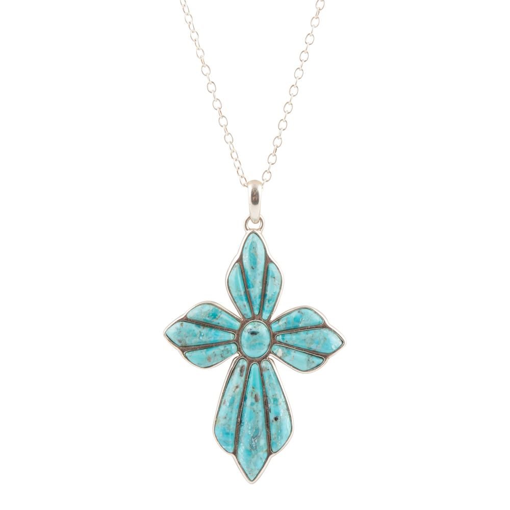 Blue Turquoise Cross Pendant Sterling Silver Necklace - Barse Jewelry