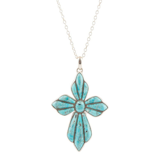 Blue Turquoise Cross Pendant Sterling Silver Necklace