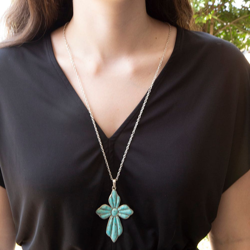Blue Turquoise Cross Pendant Sterling Silver Necklace - Barse Jewelry