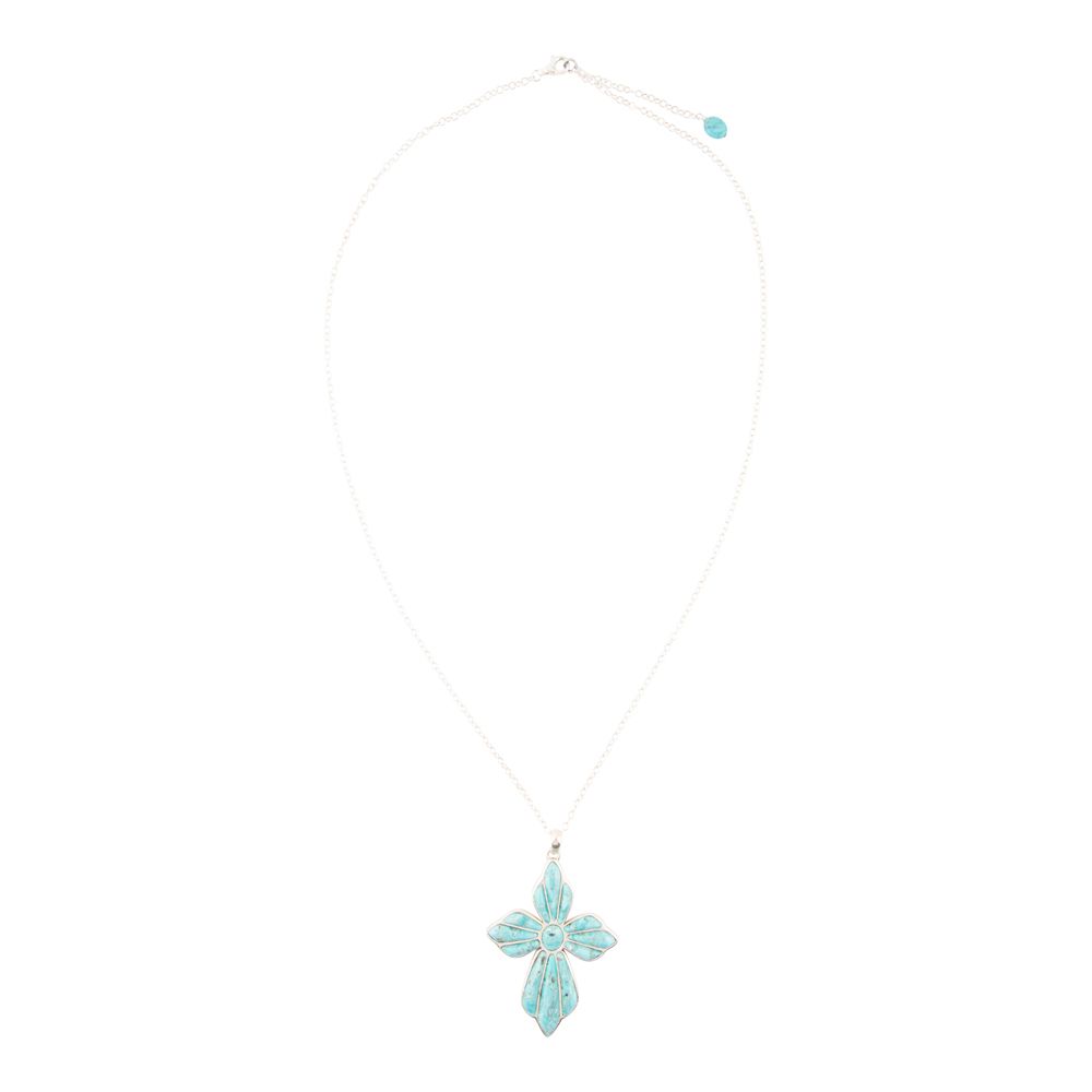 Blue Turquoise Cross Pendant Sterling Silver Necklace - Barse Jewelry