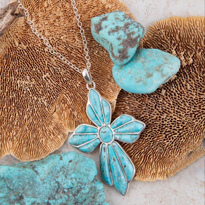 Blue Turquoise Cross Pendant Sterling Silver Necklace - Barse Jewelry