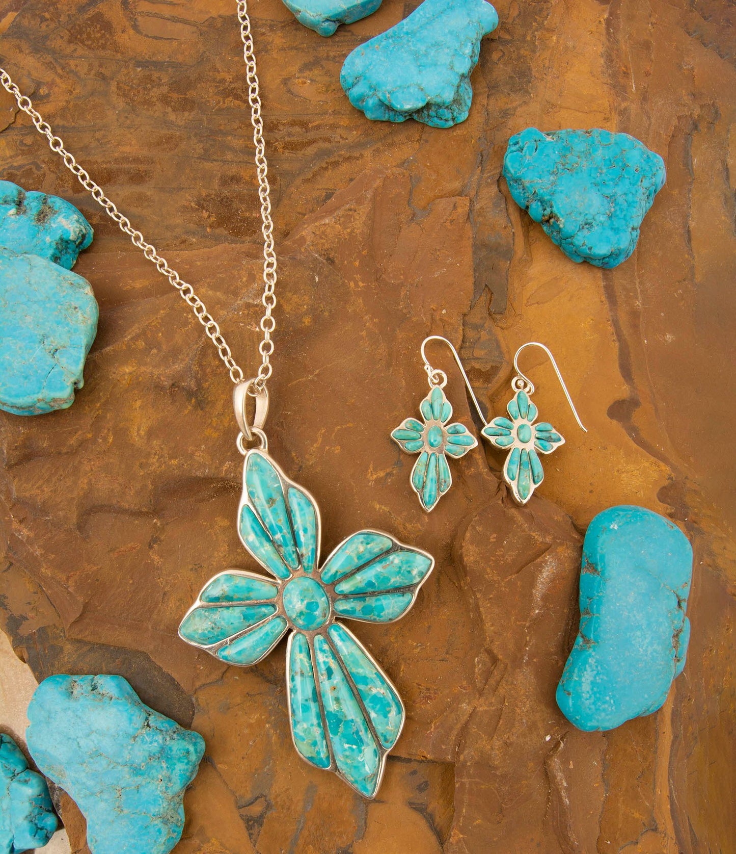 Blue Turquoise Cross Pendant Sterling Silver Necklace - Barse Jewelry