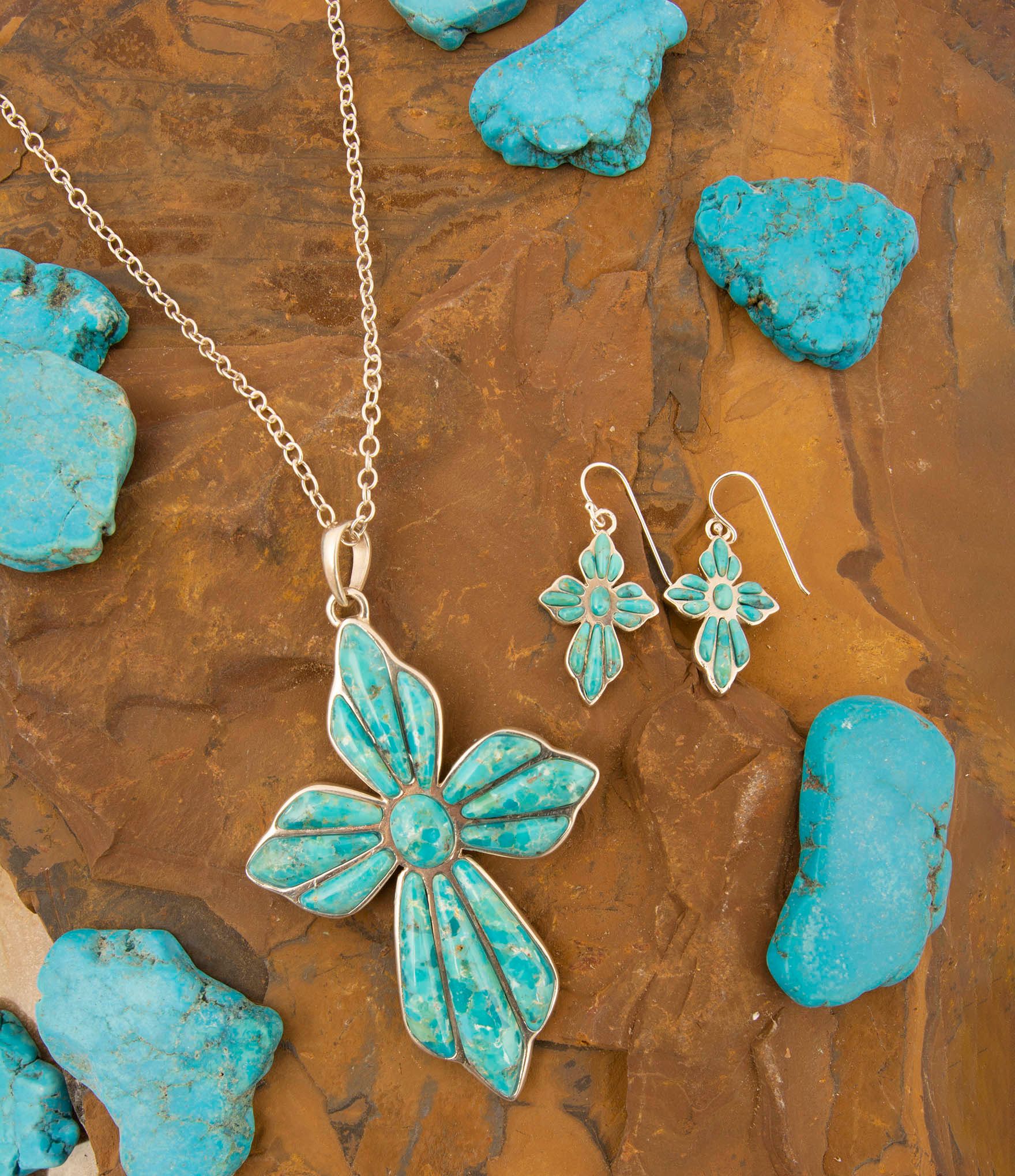 Blue Turquoise Cross Pendant Sterling Silver Necklace - Barse Jewelry