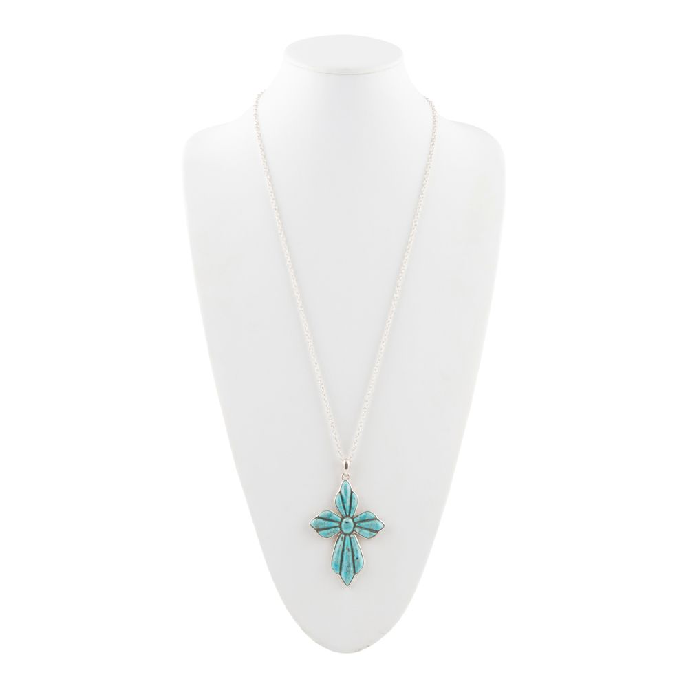 Turquoise cross pendant necklace on a white mannequin bust