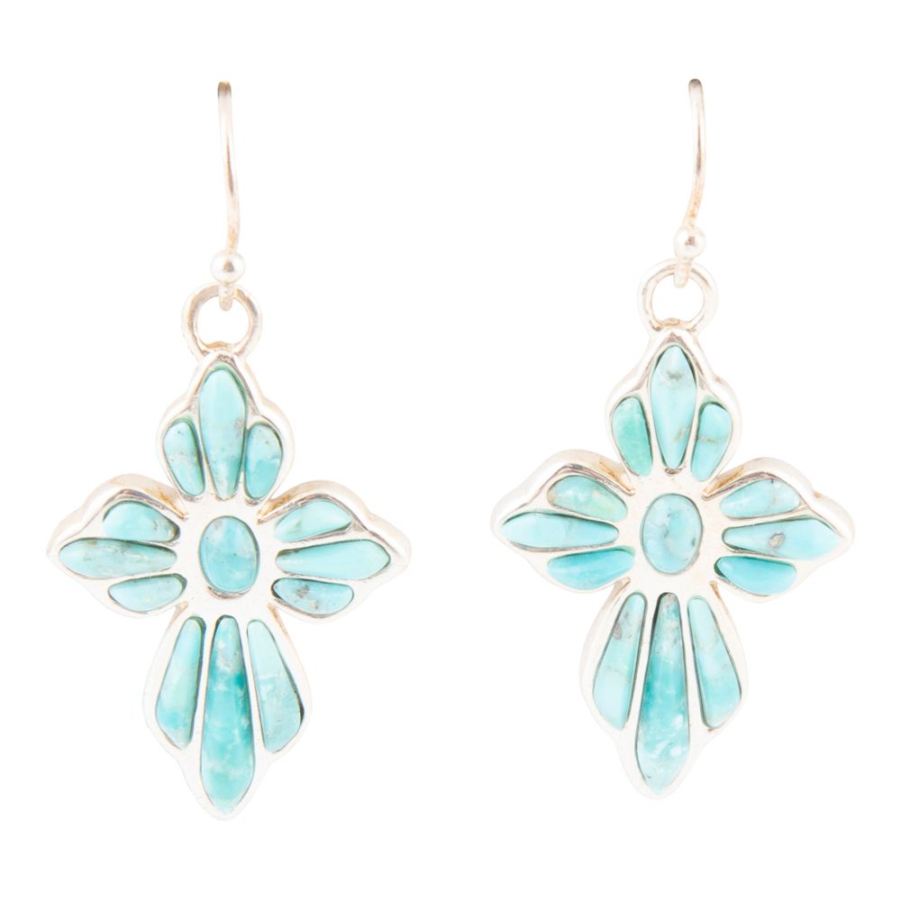 Turquoise flower-shaped earrings on a white background